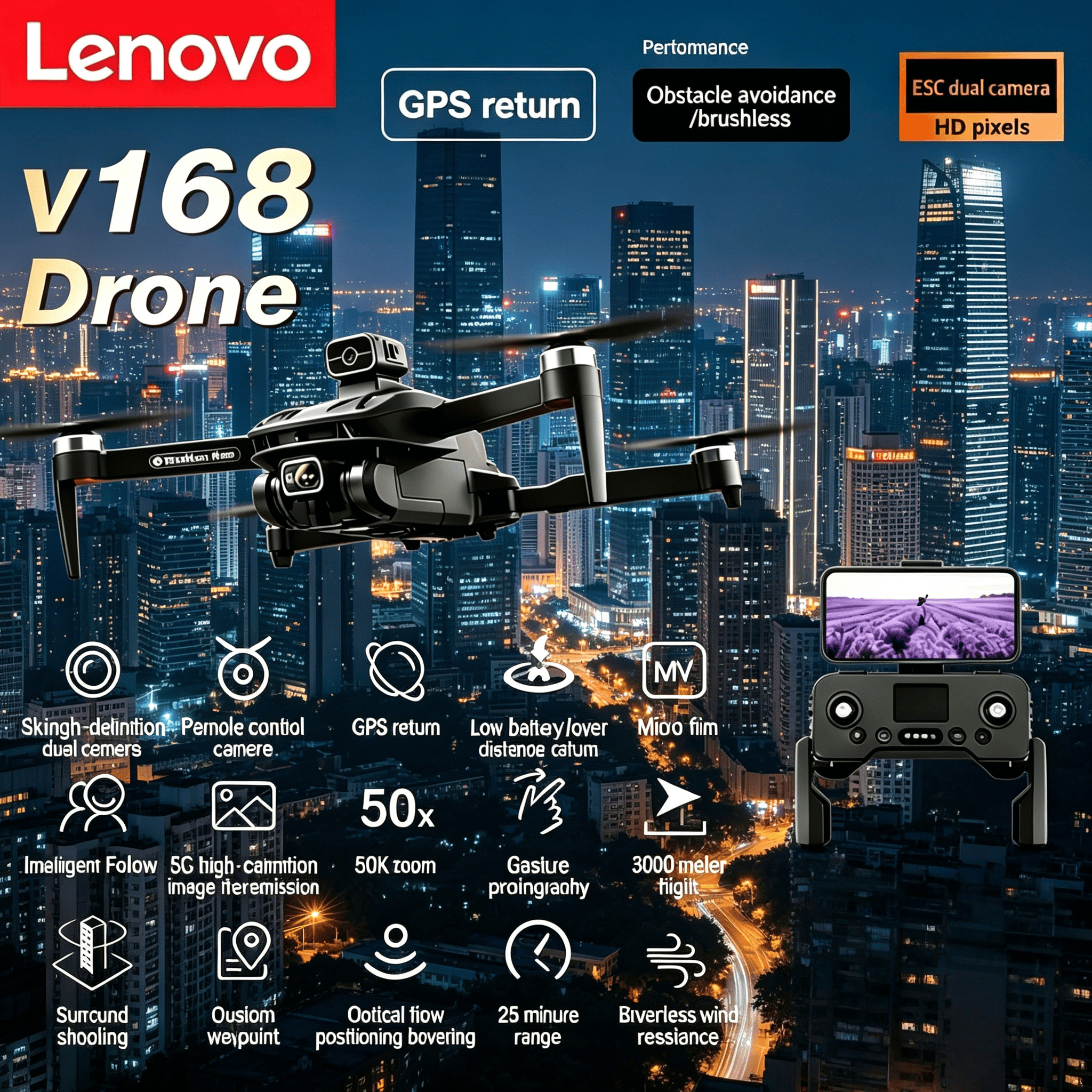 Lenovo V168 GPS 8K Drone 3-Cam - Photography Angles reseña y precio